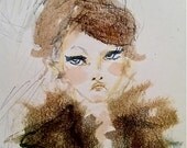 Fur Collar Attitude 5x7 Watercolor Girl