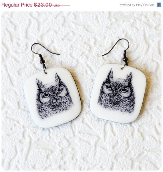 ON SALE Owl Earrings graphic arts - Free shipping Etsy - IrenkaR