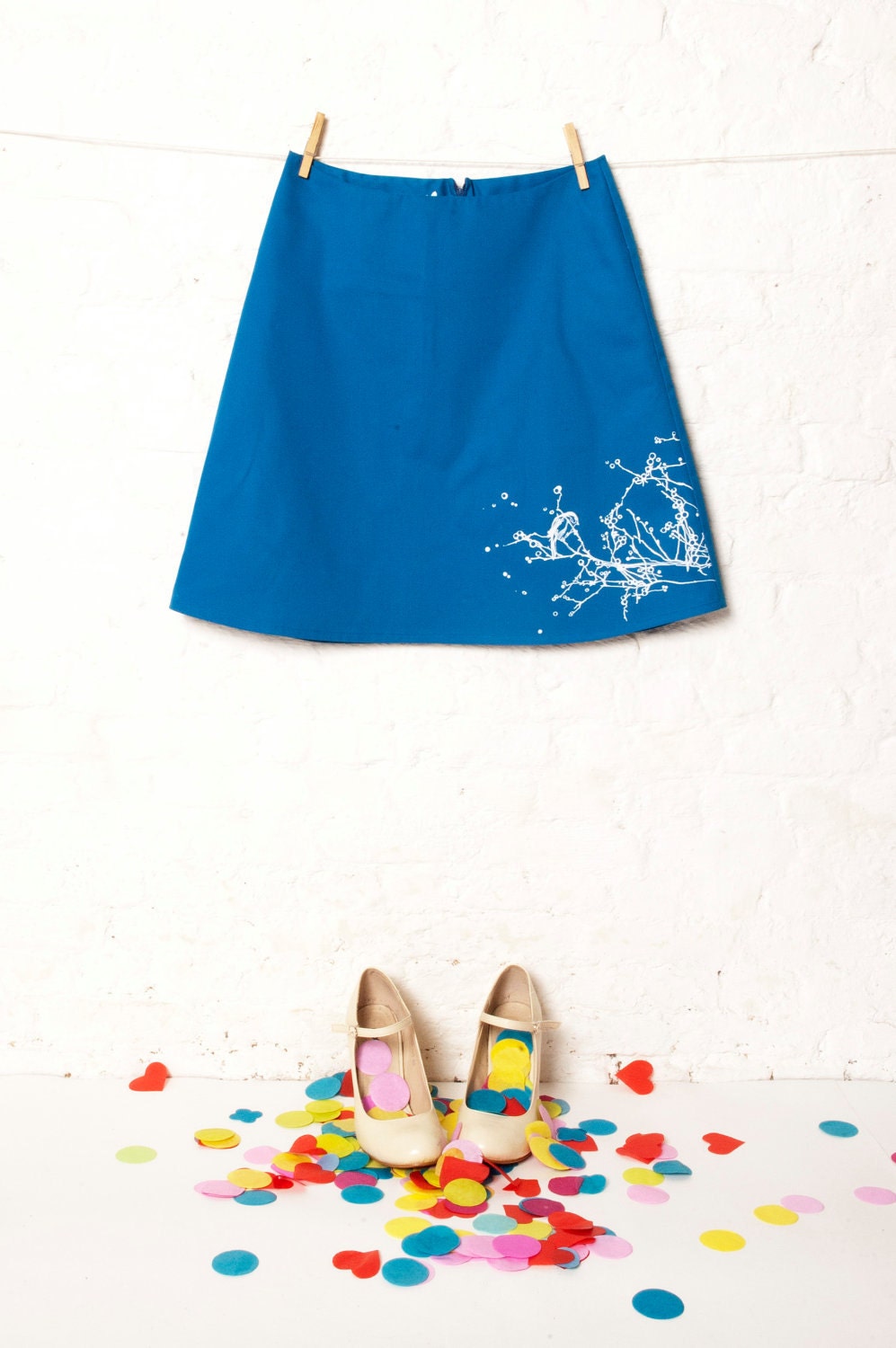 Azure blue cotton blend skirt with bird on berry branch (RK0401)