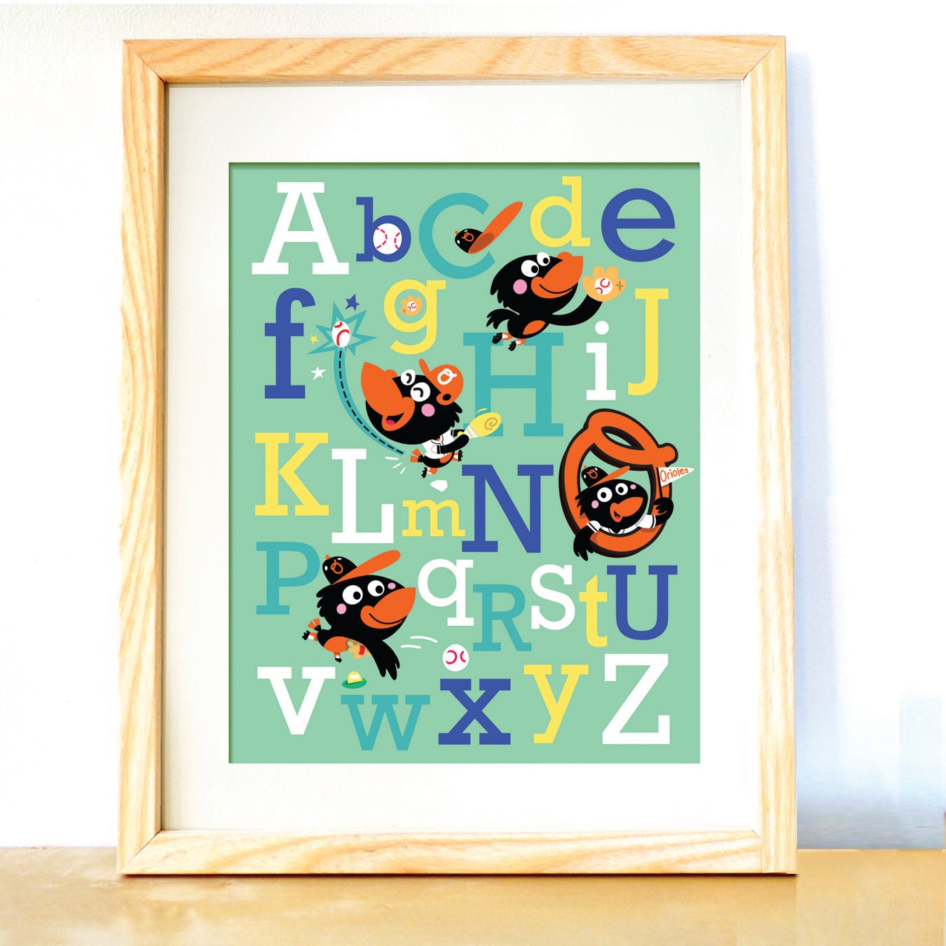Oriole Baseball Mascot Alphabet (11" W x 14" H) Unframed