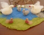 OOAK handmade needle felted swan family, birds and pond, nature table Waldorf animals seasonal table