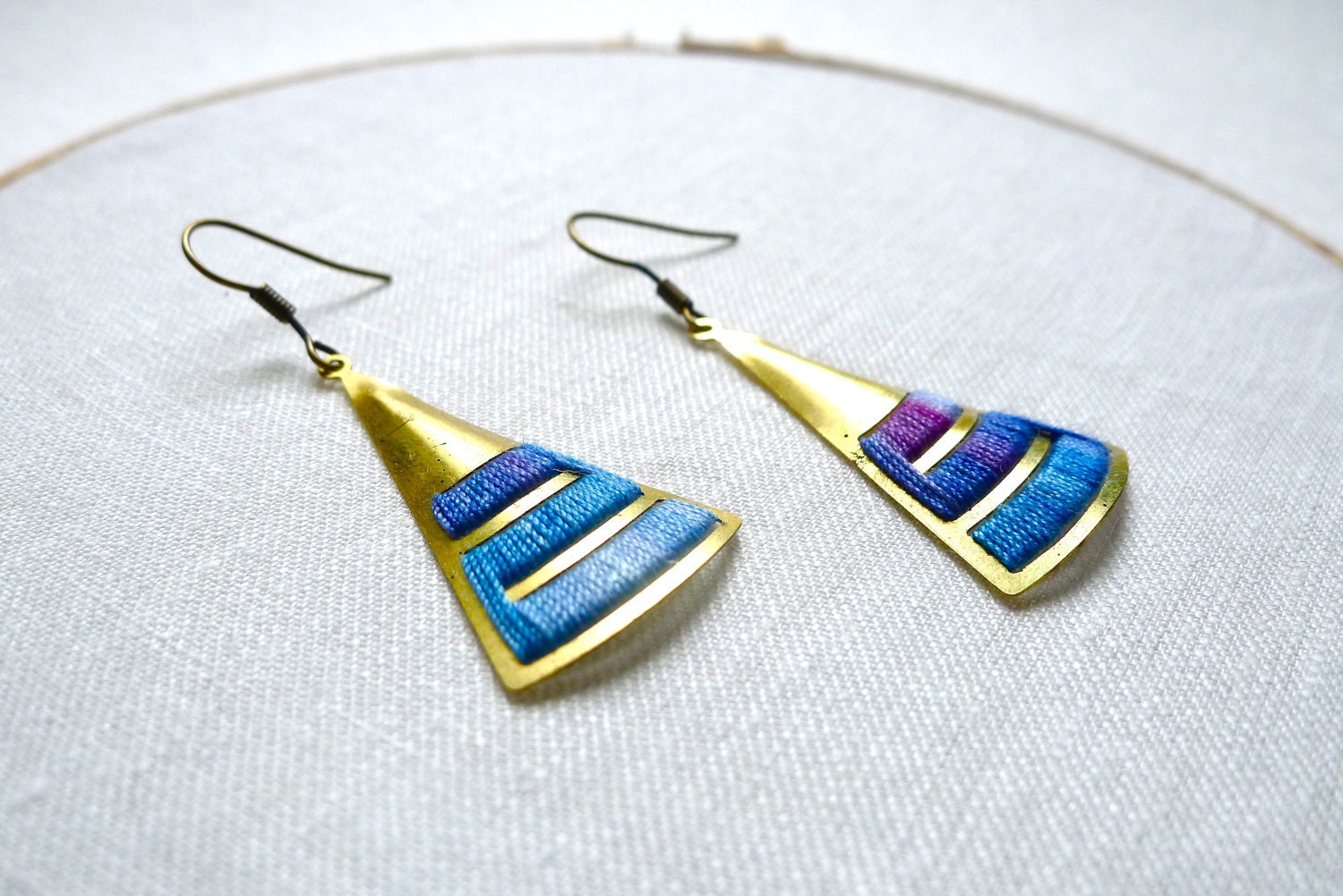 Triangular Earrings - brass and cotton thread