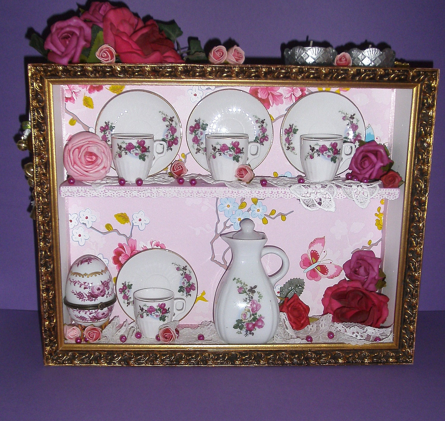 shadowbox with vintage mochaset and roses, lace and eggbox, cute