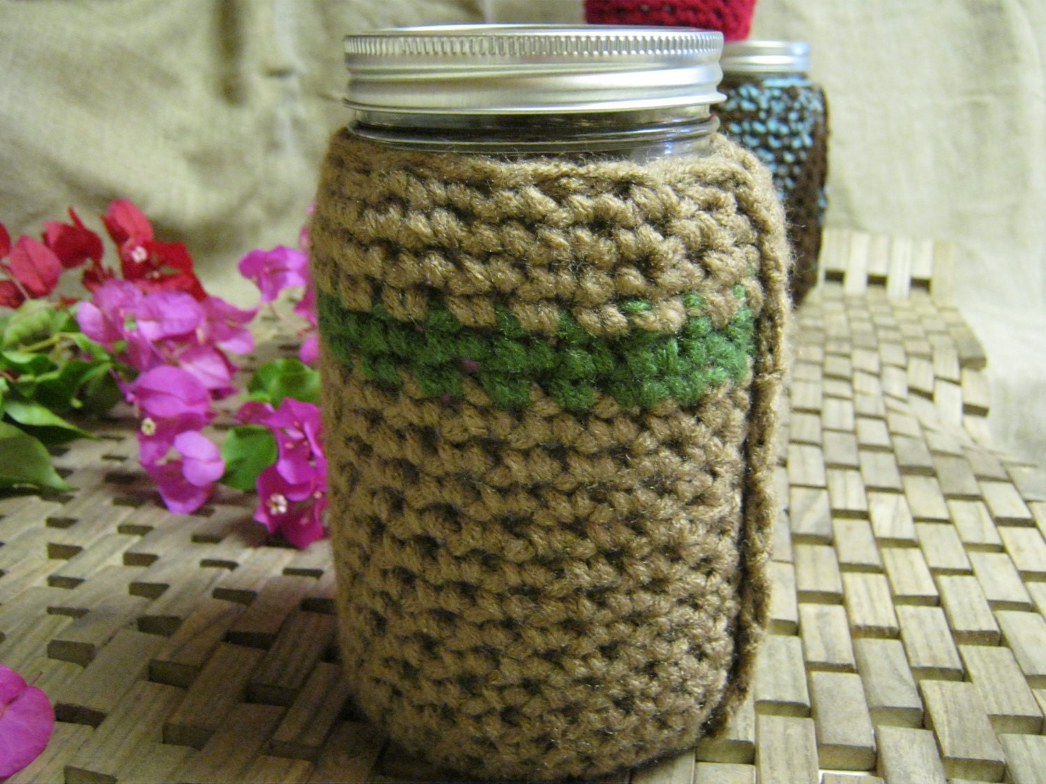 Tan and Green Crocheted Mug Holder. Reduce your Impact