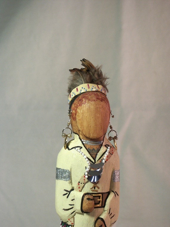 Iroquois Hunter Native American Indian 12" wood faceless art doll Brave history