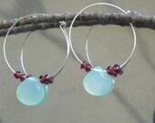 Aqua Chalcedony and Red Garnet Hoop Earrings