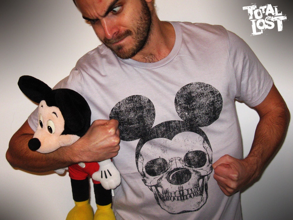 T shirt mickey gray black skull cute funny men goth scary