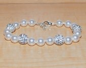 Hand-Knotted 8mm Swarovski Pearl Bracelet in White with 10mm White Pave Crystal Disco Ball Beads on Silk Thread - SW8