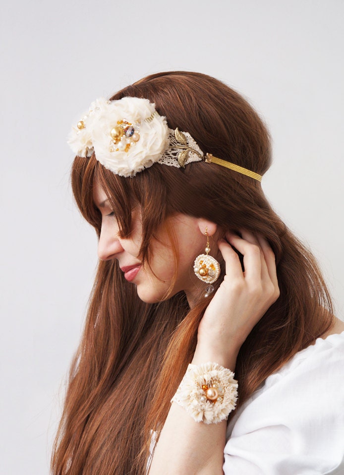 Luxe Hair Accessory, Bride, Brides Maid, one of a kind, OOAK, Silk, pearl and bohemian glass accents. Wedding and Bridal Jewelry.