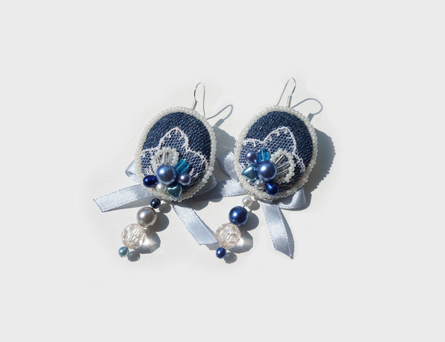 Shabby Chic Earrings, indigo and blue denim, lace, pearl, bohemian glass, one of a kind, OOAK