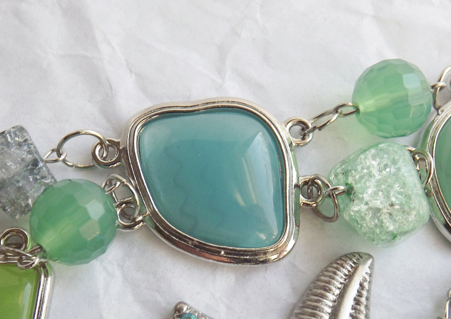 Seascape: Aqua Blue and Mint Green glass and Silver Bracelet with Starfish Toggle
