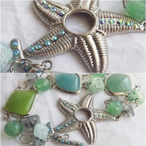 Seascape: Aqua Blue and Mint Green glass and Silver Bracelet with Starfish Toggle