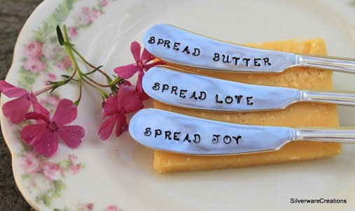 VINTAGE Silverplate Spreader, ETERNALLY YOURS 1941, Silverware Butter Spreader, Hand Stamped with  Spread Love, Joy and Butter - Lovely Gift