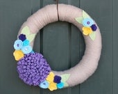 Spring Wreath, 14" Yarn Wreath, Easter Lavender, Yellow and Blue Felt Flowers on Natural Color
