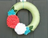 Spring Wreath: 12" Yarn Wreath in Lime with Bright Coral, Aqua and White Felt Flowers