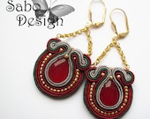 PRINCESS JASMINE soutache earrings, handmade, embroidered in red, green, silver, gold and burgundy satin strips, jade, TOHO, oaak.
