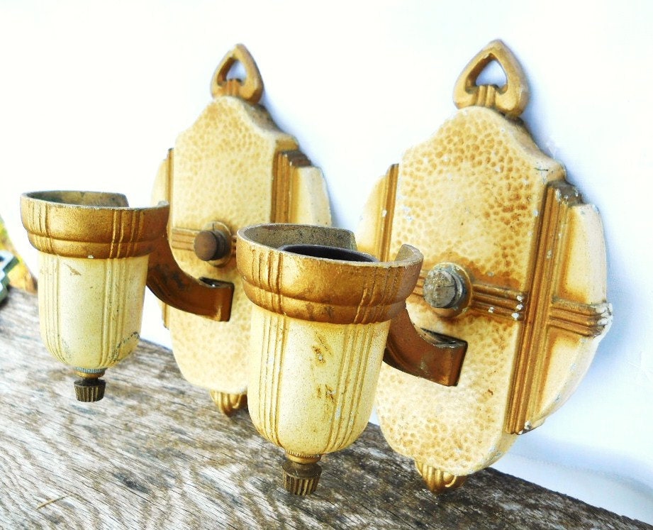 Vintage French Art Deco 1930's Arts and Crafts Hammered Electric Wall Sconces Bungalow Cottage French Country Lighting Architectural Salvage