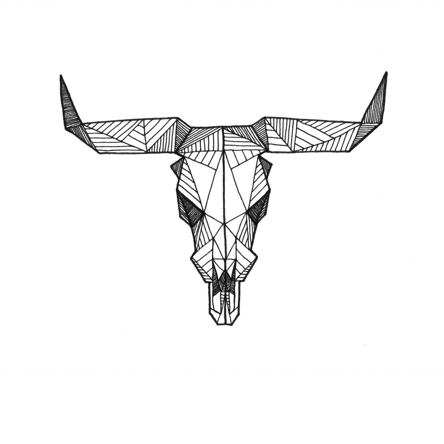 Detailed Geometric Taurus Cow Bull Skull Drawing - (Digital Art Print from Original Skeleton Illustration)
