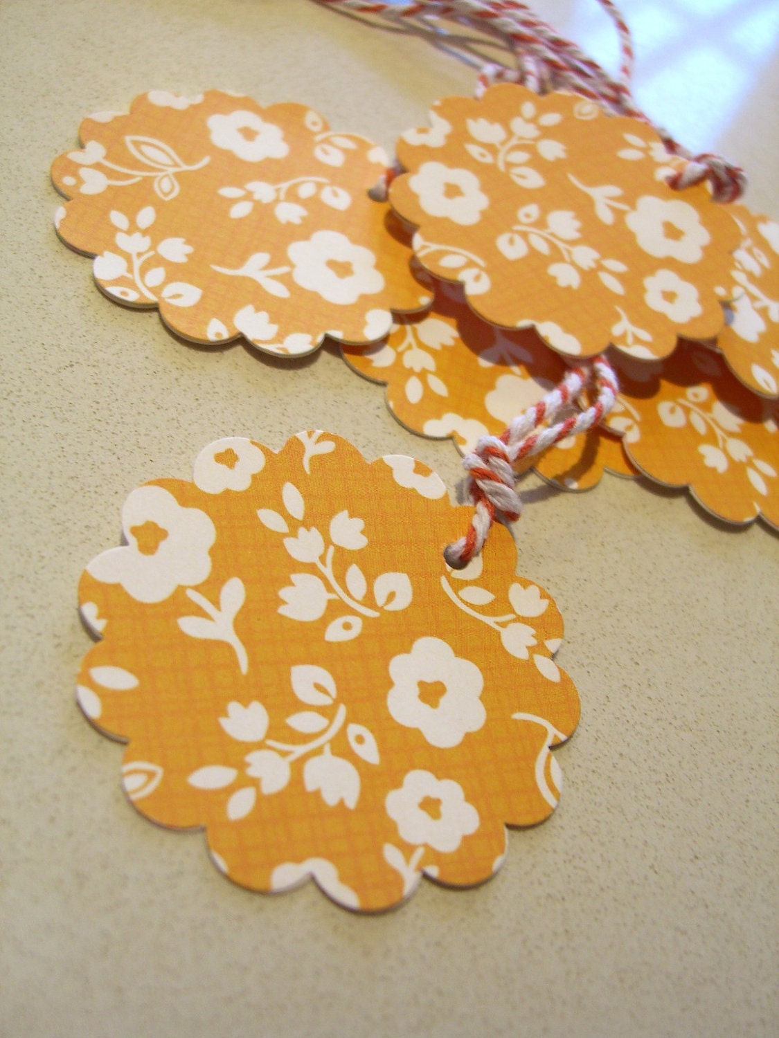 Gift Tag on Cardstock - Tangerine sundress, orange, floral. Hang tag, swing tag, scallop, vintage style, bakers twine, gift wrap