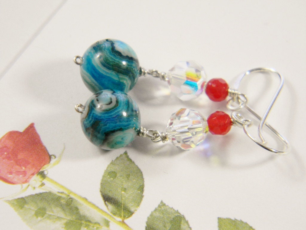 Multicolor Gemstone Sterling Silver Dangle Earrings - Handmade Jewelry with Turquoise, Coral, and Crystal