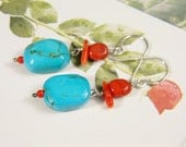 FREE SHIPPING - Blue Red Gemstone Sterling Silver Dangle Earrings - Turquoise Coral Beaded Earrings Handmade Jewelry