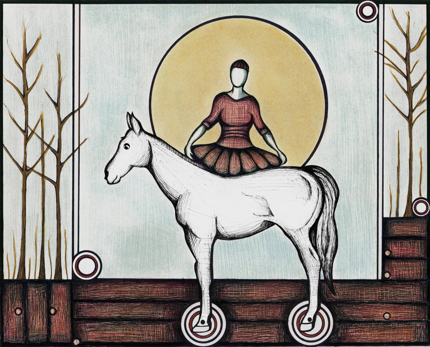 Horse Riding Woman Art Print, Rustic Carnival Circus Illustration Home Decor by Brilee Artworks 8.5 x 11