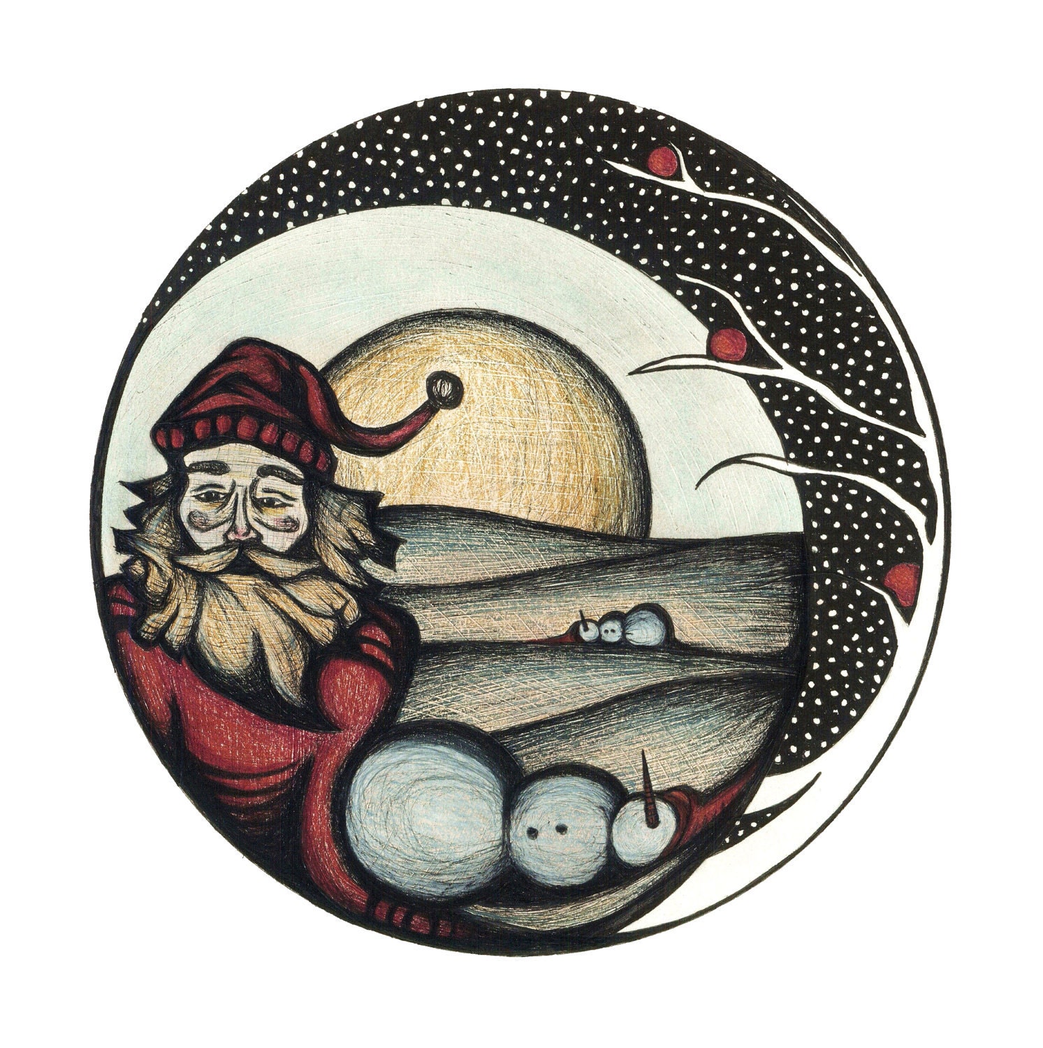 Christmas Santa Art Print, Snowman Landscape Starry Night Illustration Home Decor by Brilee Artworks 8.5 x 11