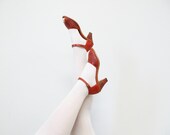 1970s Woven Peep toe Sandals / Woven Heels / Stacked Heel / Ankle Strap  / Caramel Leather Pumps / Size 7
