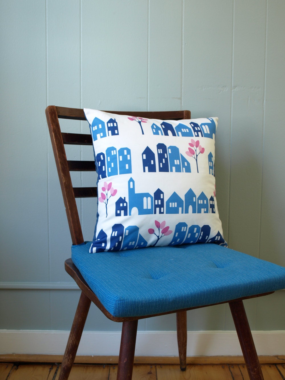 Blue House Printed Pillow Cover with Pink Trees