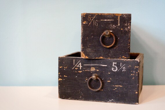 Hardware Store Drawers, Set of Two, Black With White Numbers