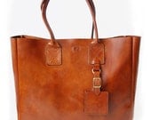 Handmade Cognac Leather Zippered Tote Bag