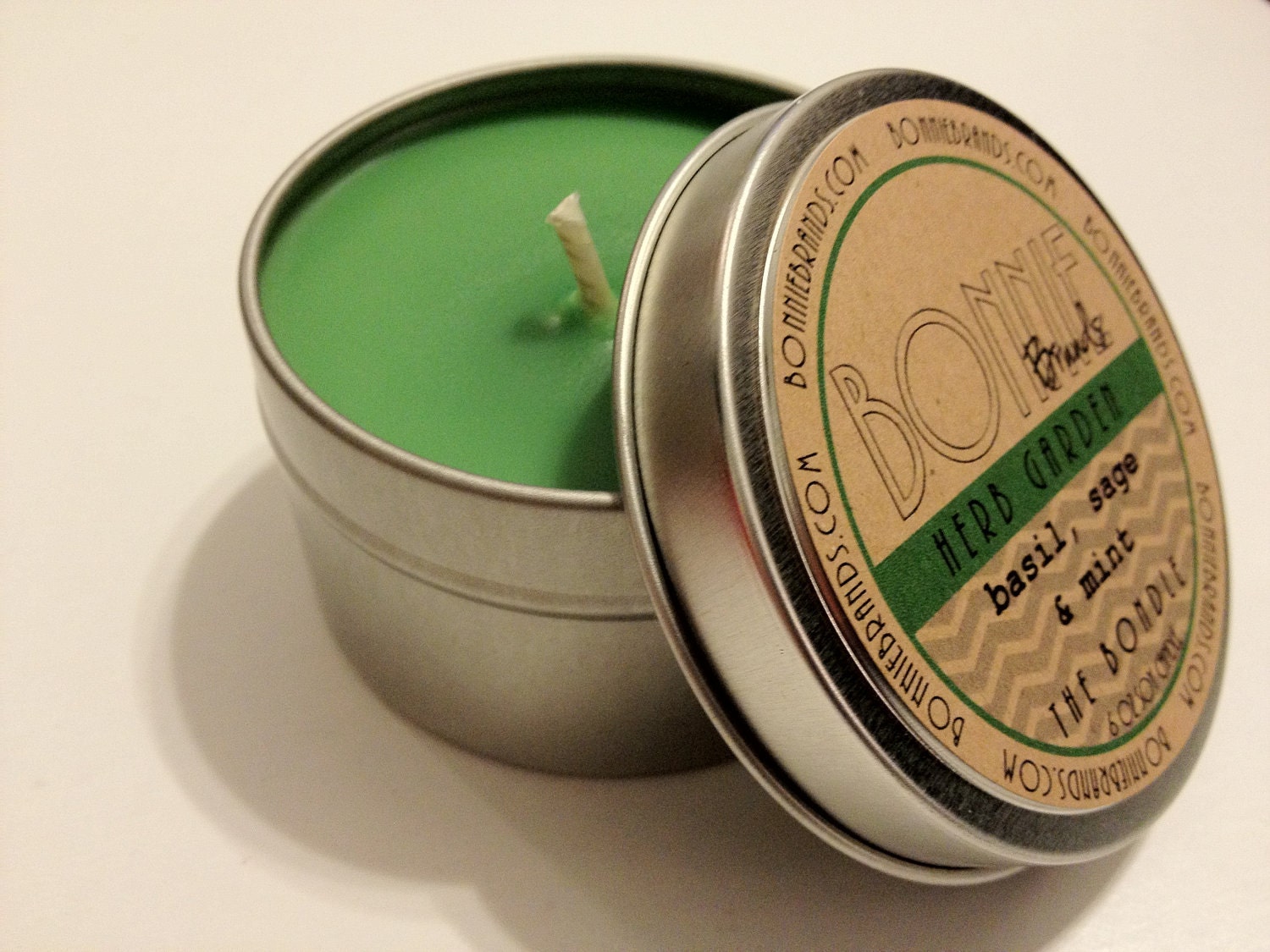 The Bondle: 6 oz Herb Garden Soy Candle flavored with Basil, Sage & Mint in a Seamless Travel Tin