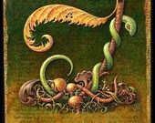 Year of the Snake- Terrene-- original painting of forest mushrooms, leaves, snake, snail, letter T, curious art