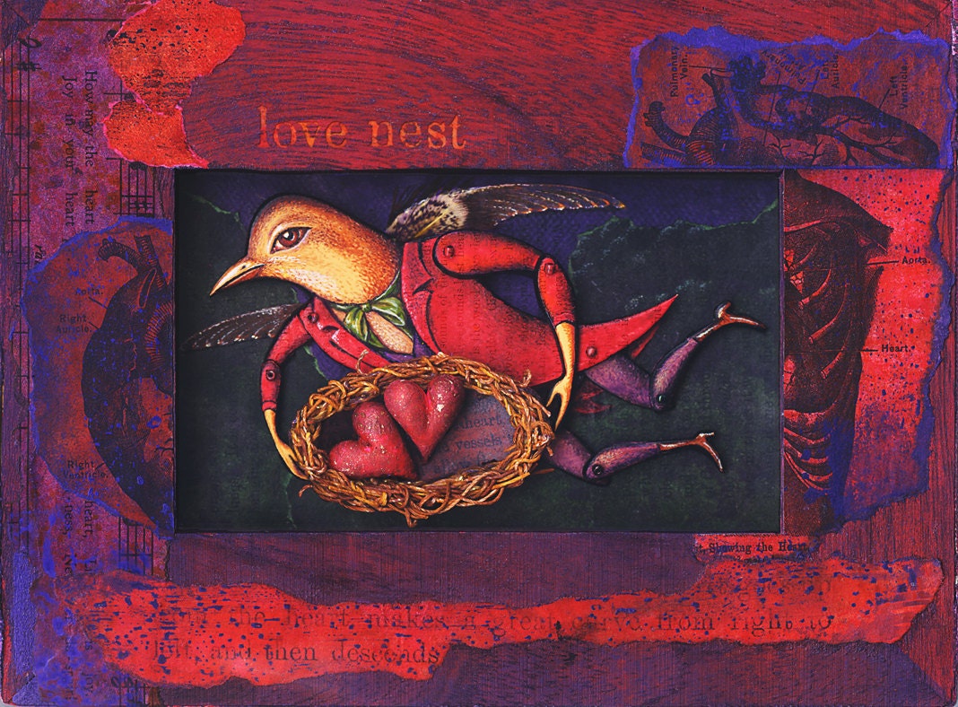 Love Nest-- signed archival print of a bird-man bearing a nest with two hearts, Valentine, red, curious art