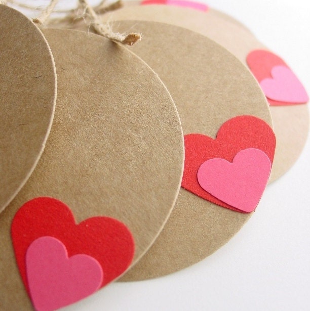 Kraft Tags with Pink on Red Heart (Set of 6)-Wedding-Valentine-Love-XOXO-Gift-Paper Goods-Circle-DieCut-Heart