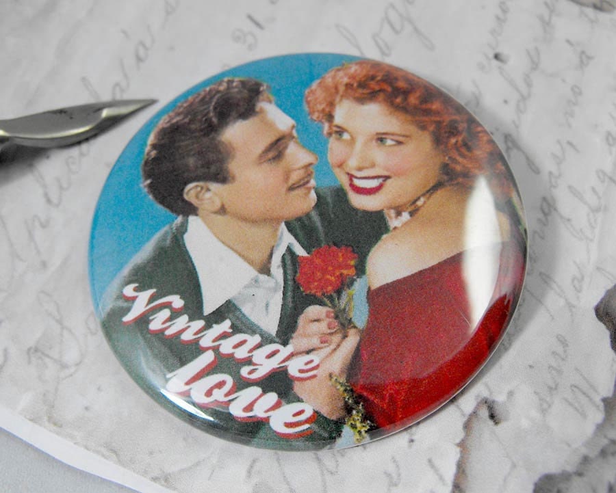 Vintage Love button badge or fridge magnet (you choose) 2.25". Detail of an old spanish postcard