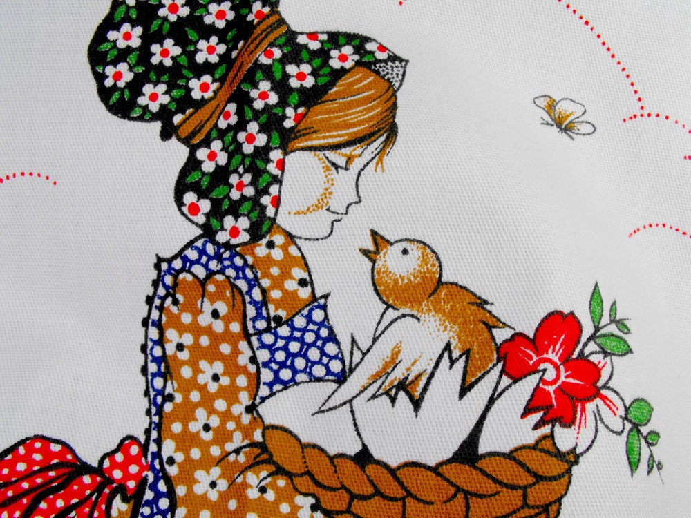 Vintage girl at the farm. Retro fabric for sewing crafts. Blue border with polka dots. Very popular at Spain at 60s 70s 80s