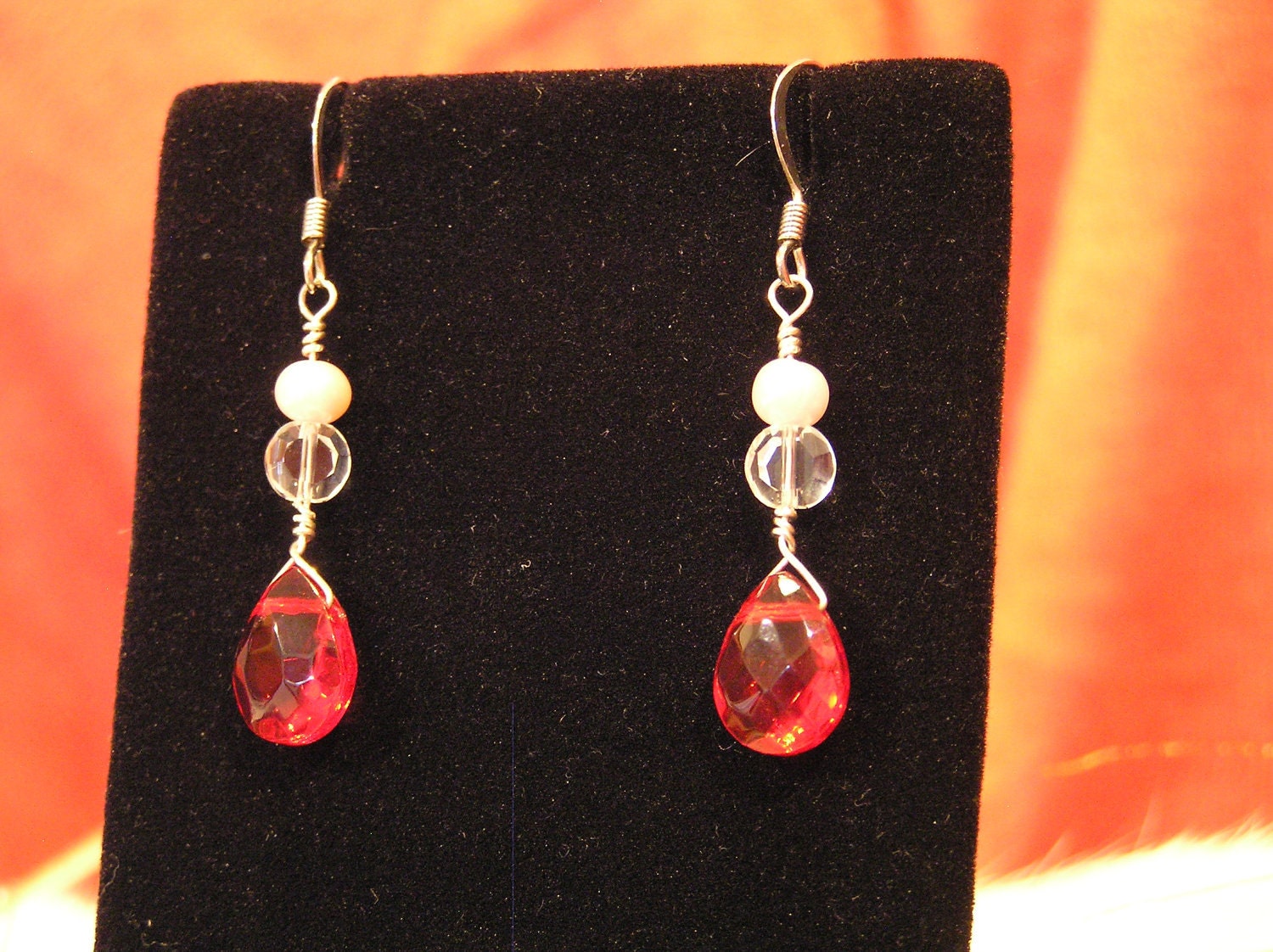 Red Crystal and Freshwater Pearl Drop Earrings