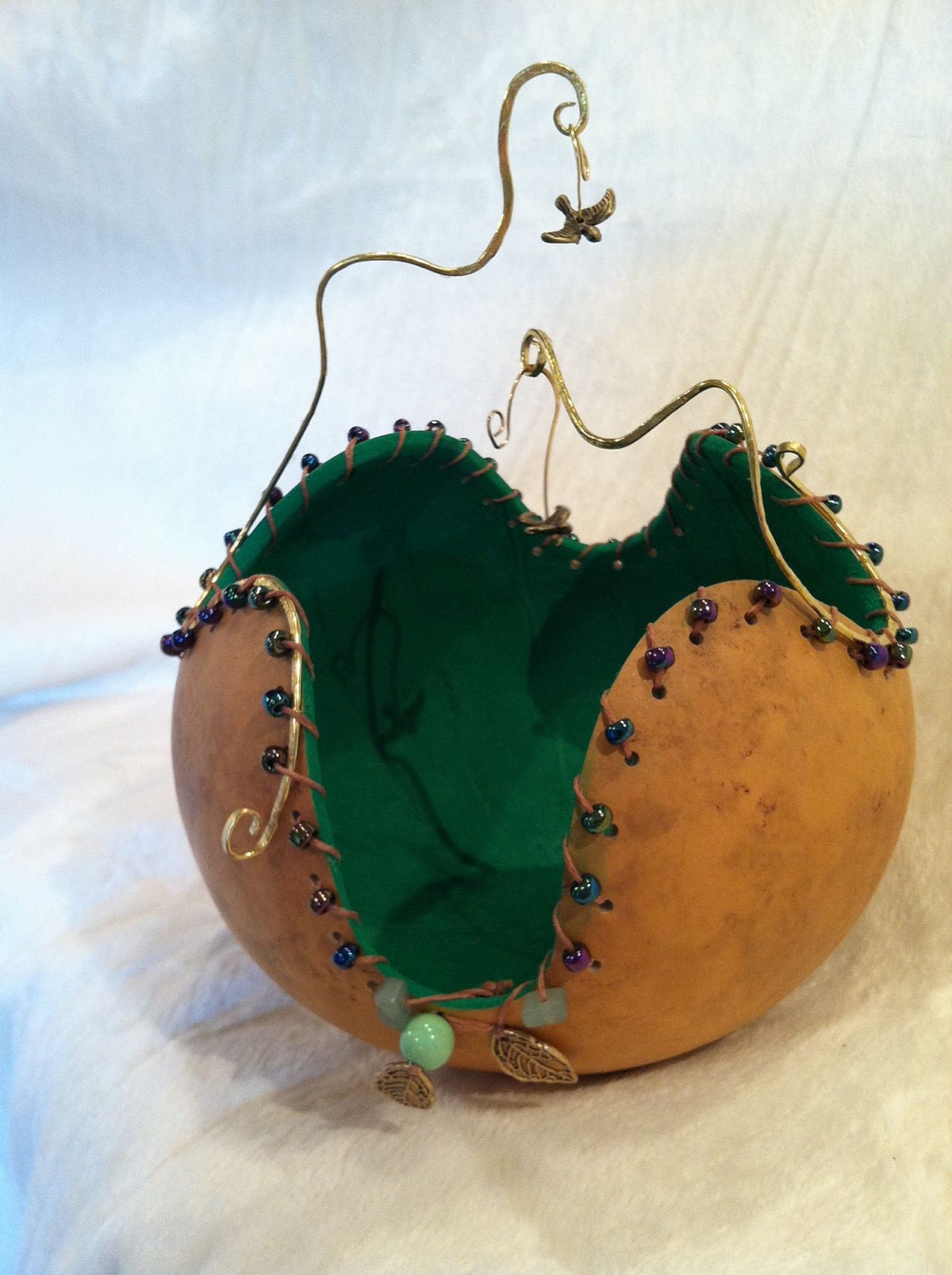 Whimsical Art Gourd with Hand Hammered Copper and Swallows