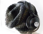 Slouchy Beanie Mens Crochet Hat Slouch Hat Gaming Beanie Custom Sizes Under Headset Striped Beanie Black Gray Yellow Soft Thin 'SMOKE BOMB'