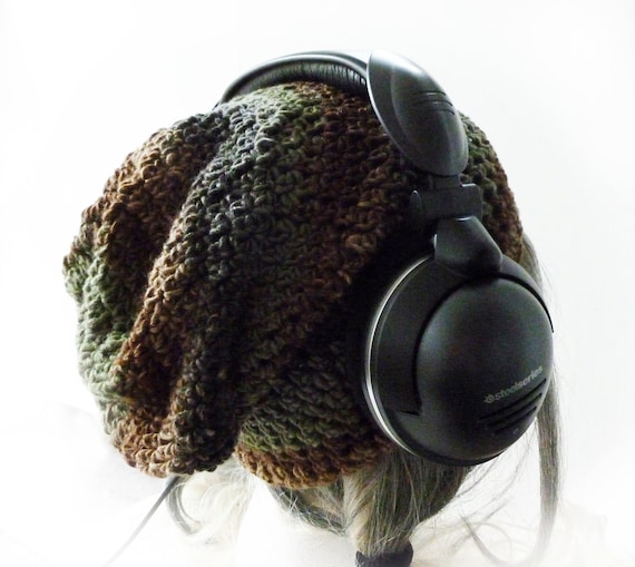 Mens Slouchy Gaming Beanie  - Jungler - Brown Green stripes - Under Headset Crochet baggy Hat