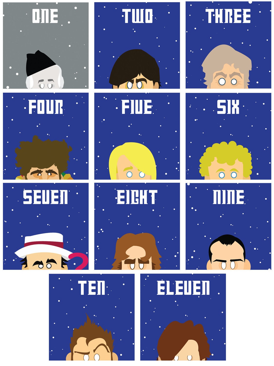 DR WHO collection  All 11 doctors in one set- Original  Artwork - Set of 11 4x4 Prints