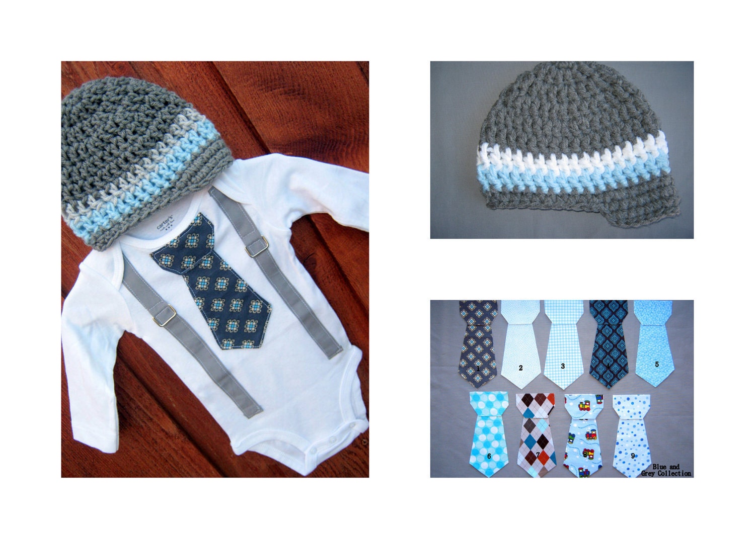 Get The Set - Blue and Grey Tie Boy Onesie or Shirt with Suspenders and Crocheted Hat - or pick your own colors