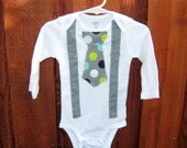 Polka Dot Neck Tie Bodysuit Onesie with Suspenders - Birthday, Wedding, Baby Shower