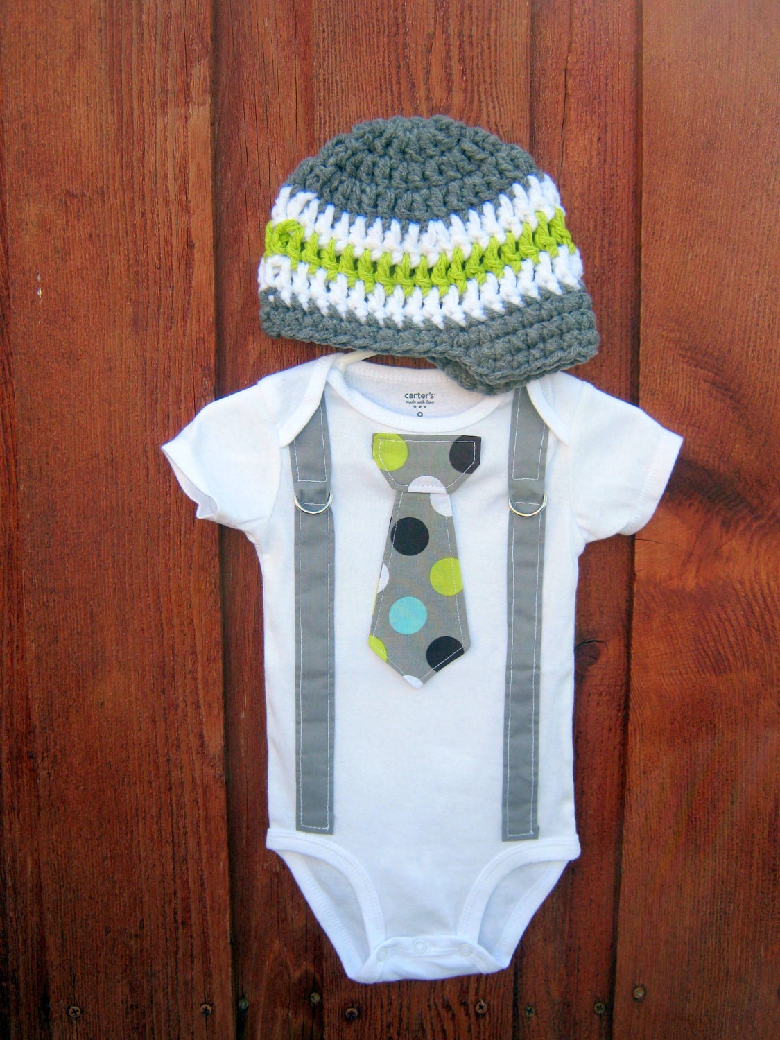 Get the set - Polka Dot Neck Boy Tie Bodysuit Onesie or T-Shirt with Suspenders and Crocheted Hat - Size NB to 12 Years