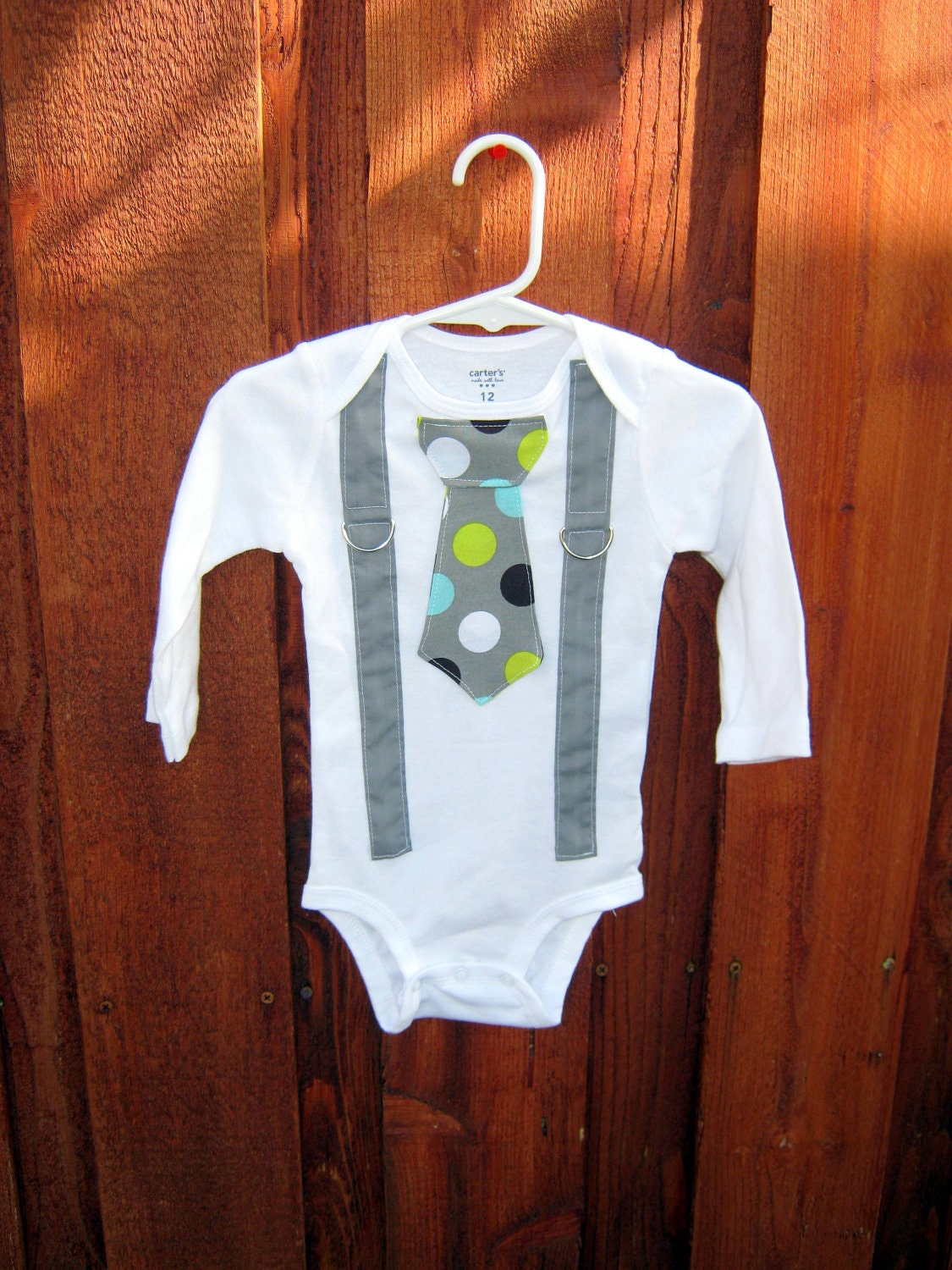 Get the set - Polka Dot Neck Boy Tie Bodysuit Onesie or T-Shirt with Suspenders and Crocheted Hat - Size NB to 12 Years