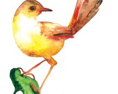 Yellow Bird Watercolor Illustration Print Feather Yellow Brown Green Leaf Nature