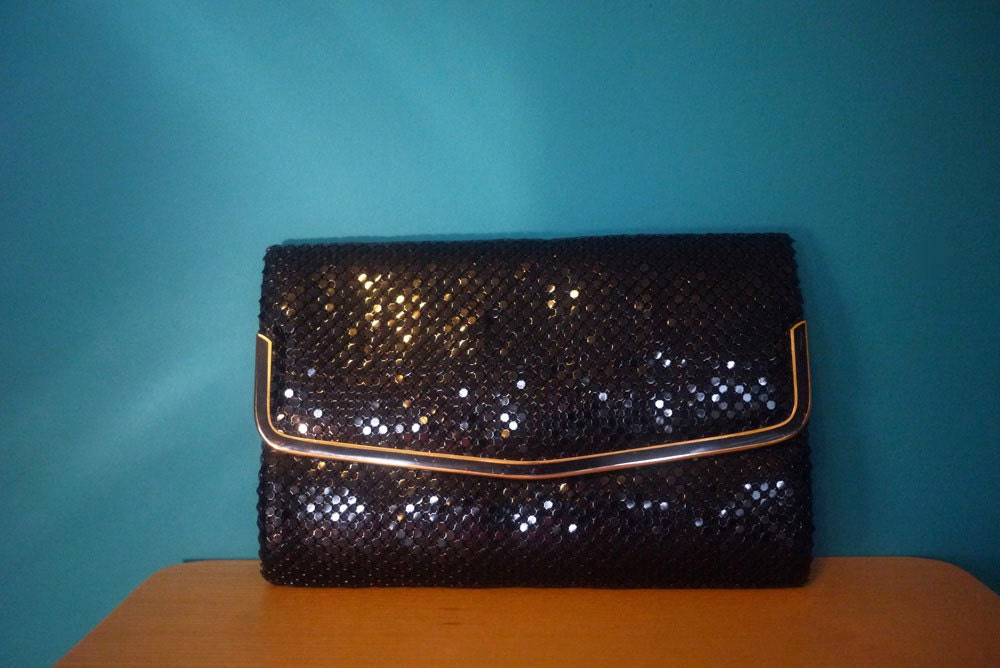 SALE// Black and Gold Metal Shimmer Disco Clutch with Cross Body Strap 1970