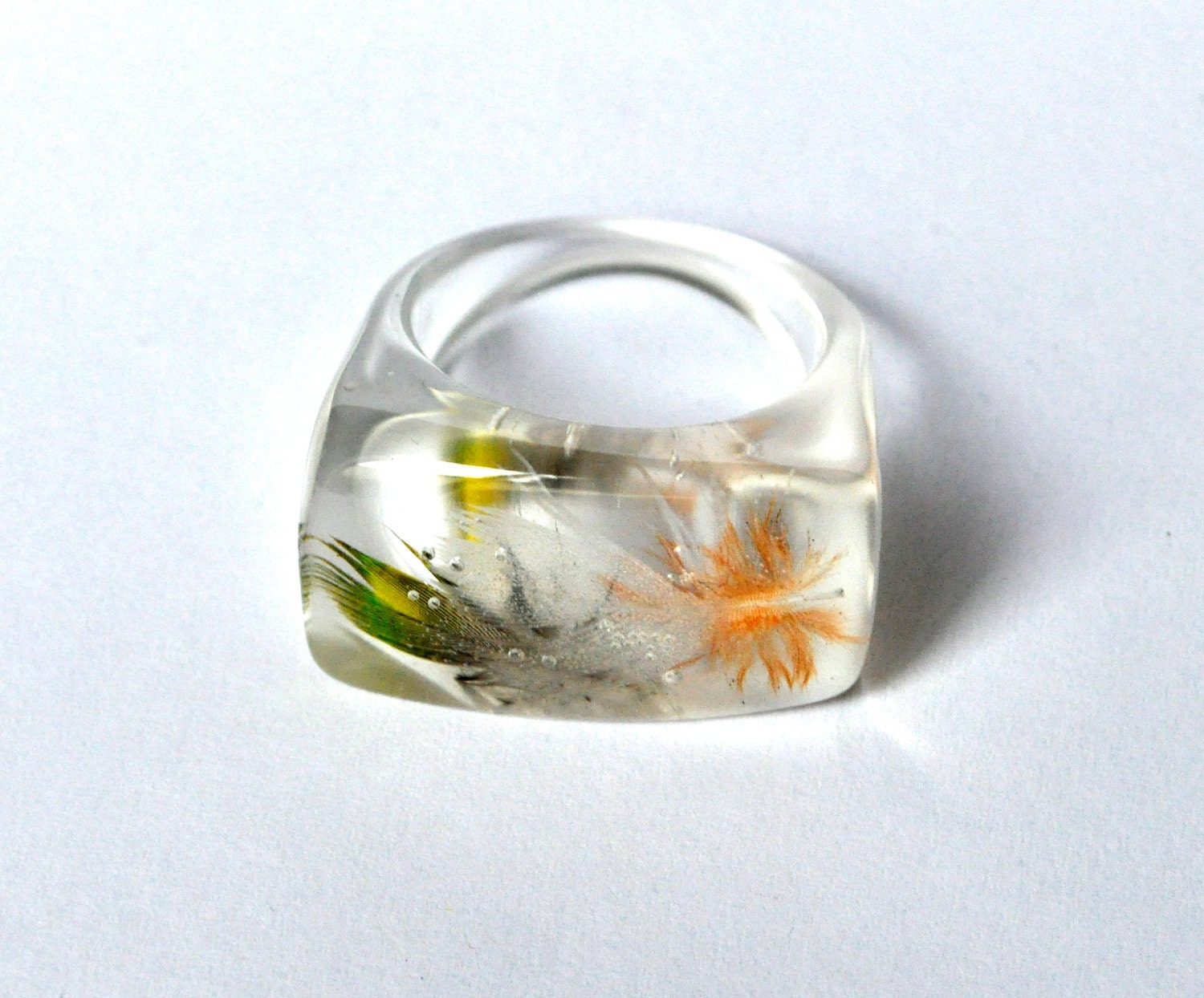 Parrot Feather Resin Ring. Resin Jewelry. Limited Edition. Orange White Green. Size 6 1/2 USA 17 mm.