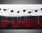 40 x 20 Modern Acrylic Painting Abtstract Art Deco Textured 3D Black Poppies Flower Floral White Red Gold Ready to Hang FREE SHIPPING